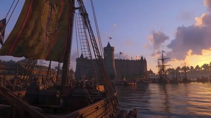 Naklejka premium Medieval harbor sunset; ship approaching castle