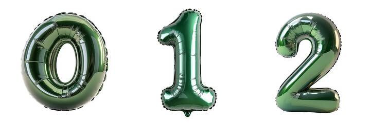 Png of Green Metallic Balloon Numbers 0, 1, and 2: Shiny Party Decoration for Birthdays, Anniversaries, and Celebrations on transparent background.