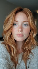 Naklejka premium Stunning portrait of a woman with flowing red hair and radiant skin captured indoors in natural light