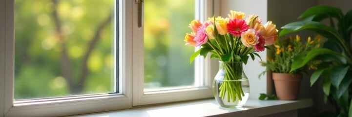 Fototapeta premium Fresh cut flowers in a glass vase on windowsill, garden fresh, spring