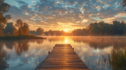 Obraz premium Serenity at the wooden dock on a calm river surrounded by autumn foliage in a forested area