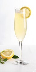 French 75 Cocktail on White Background. Celebrate with a Refreshing Alcoholic Aperitif Drink: Champaign, Bottle, Bar