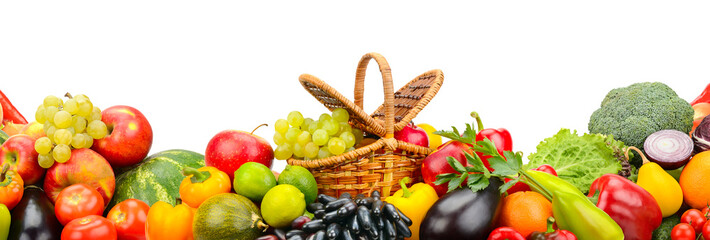 Collection bright berries, fruits and vegetables isolated on white