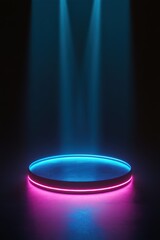 Neon stage, blue and pink lights, dark background, product display