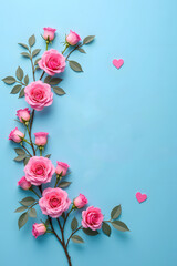 Romantic pink roses and calligraphy on light blue background