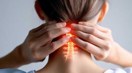 Woman holding neck in red light, discomfort, pain and potential relief