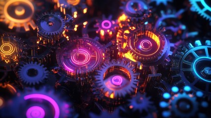 Many colorful neon gears are interlocked and rotating together, forming a complex mechanism, illuminated by vibrant lights and suggesting a futuristic or technological concept