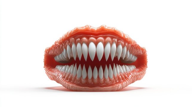 Intriguing closeup of vibrant red lips with sharp fangs, a captivating portrait