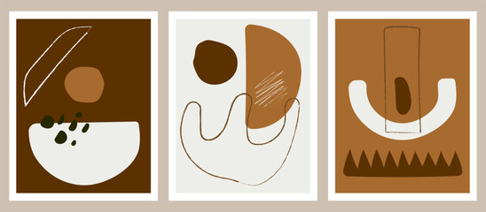 A set of three abstract style print templates. Organic shapes and geometric compositions in white and brown.