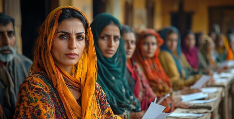 Fototapeta premium Rural polling station in Pakistan with women in vibrant traditional clothing excitedly casting their votes for the first time with village men looking on