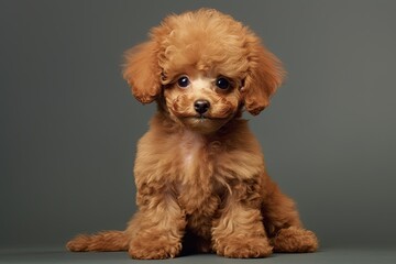 Front View of a Handsome Toy Poodle in Apricot Color with Curly Brown Fur, Groomed to Perfection - Perfect Dog Breed for a Family Pet