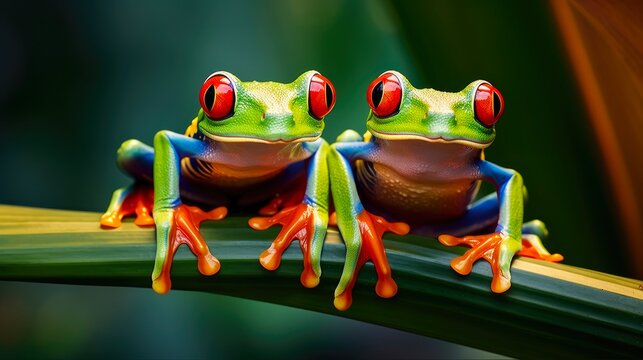 Frogs in the Wild: Red-Eyed Tree Frogs Perched on Heliconia Flowers in Costa Rica's Tropical Outdoors