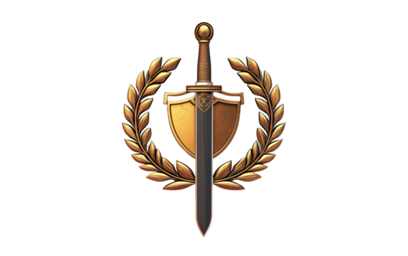 A Badge Featuring a Sword and Laurel Wreath Emblem Representing Courage and Victory. Isolated on white background.