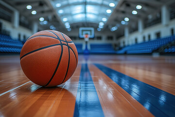 Basketball on wooden court, indoors