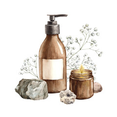 Natural cosmetic bottles with shampoo or cream dispenser, scented soy candle, natural stones and gypsophila flowers. Hand drawn watercolor illustration. For cosmetic branding, spa, packaging