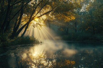 Obraz premium Beautiful lake on sun rays background