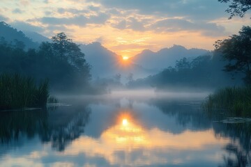 Beautiful lake on sun rays background