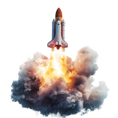 A rocket launches with a fiery explosion and smoke billowing into the sky during a clear afternoon, Rocket Launch with Fiery Explosion and Smoke, Isolated on transparent background