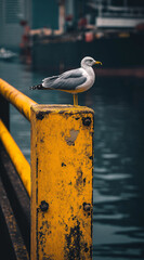 A seagull perches on a yellow metal post at a pier, with the harbor in the background