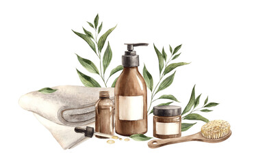 Cosmetic bottle with dispenser, jar for cream, shampoo or gel, oil, serum, body brush, towel, plant. Watercolor hand-drawn illustration for eco-branding of cosmetics, magazines, posters, textiles