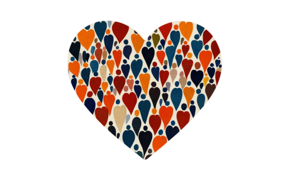 A Badge Depicting Human Figures in a Heart Symbol Emphasizing Diversity and Solidarity. Isolated on white background.