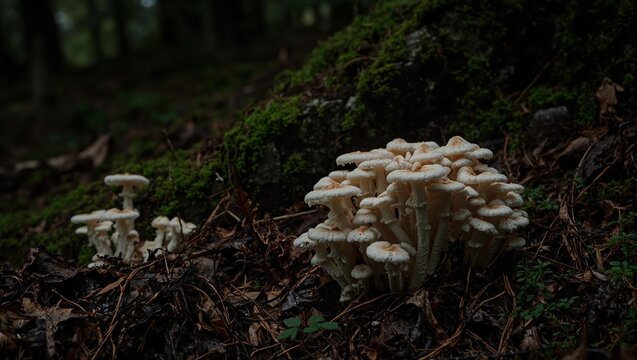 Pale Marasmius rotula mushrooms on decayed matter in a mossy forest