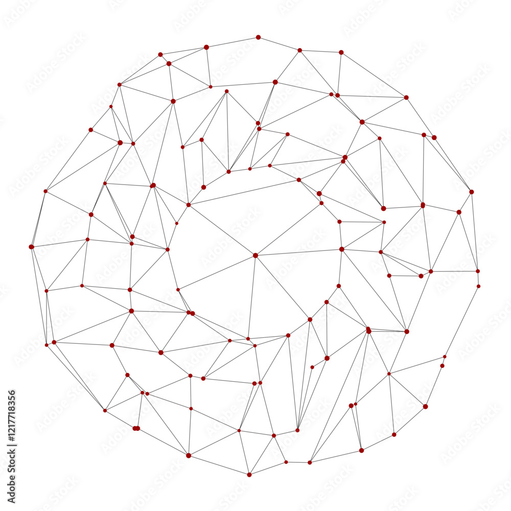 Poster Network visualization of red nodes linked by black lines creating spherical pattern. Abstract isolated composition showcases interconnected data points, emphasizing complexity through simplicity.
