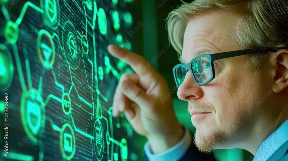 Poster man with glasses concentrating on computer screen in a modern office setting