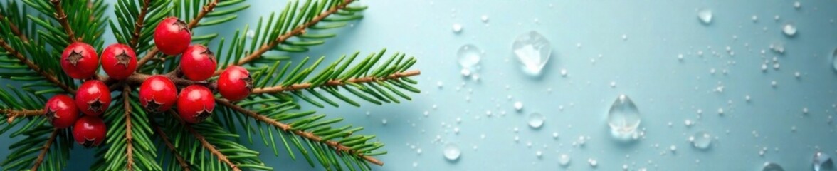 Fresh evergreen branches with red berries and pine needles, winter, berries