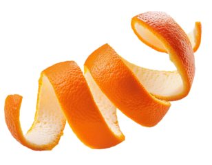 Orange peel making a spiral shape on transparent background