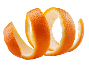 Fresh orange peel spiraling on transparent background