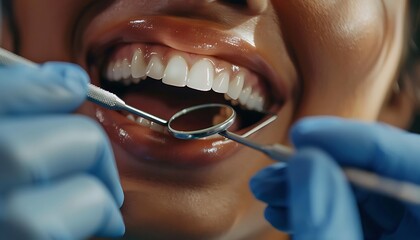 Close-up of a smiling black woman patient during a dental examination, with a dentist using a mirror and scaler for oral care, highlighting clean and healthy teeth.
