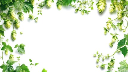 Hop Vines Frame: Fresh Green Hops and Leaves on White Background