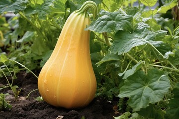 Growing Grama Winter Squash in Local Garden amidst Lush Greenery on Warm Summer Day