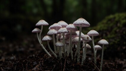 Beautiful white Laccaria amethystina mushrooms in a forest ravine