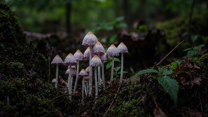 Beautiful white Laccaria amethystina mushrooms in a forest ravine