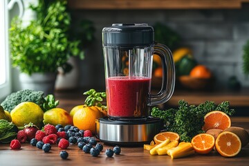 A blender full of a red juice sits on a table with a variety of fruits