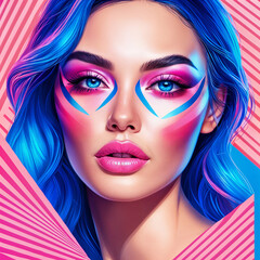Fototapeta premium A woman with striking blue hair and makeup, set against a vibrant pink background with geometric shapes.