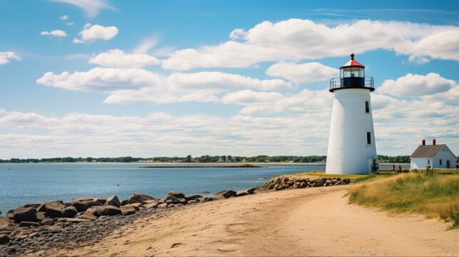 Guiding Light of Hyannis Harbor: Coastal Lighthouse overlooking the Ocean with White Tower and Blue Sky - 16:9 aspect ratio