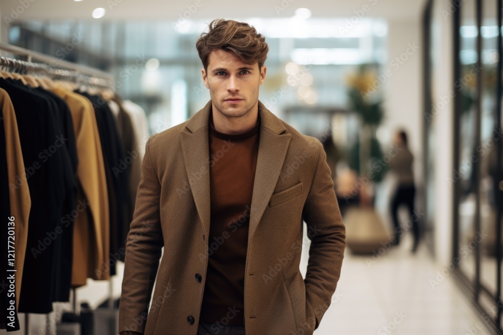 Wall mural Handsome Young Man Shopping for Clothing. European Male Wearing Stylish Brown Overcoat in Shop