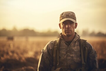 Happy Military Soldier Standing in a Brown Field Against Nature's Landscape. Emotional US Army Soldier in Mission