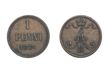 1 Penni 1874 Aleksandr II. coin of Finland. Coin 1 penni 1874 Obverse and Reverse on white background. Monogram A II