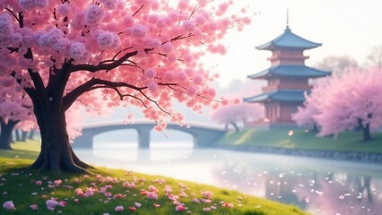A Japanese cherry blossom tree in full bloom, with delicate pink flowers, soft morning mist, and fallen petals creating a serene and picturesque landscape.