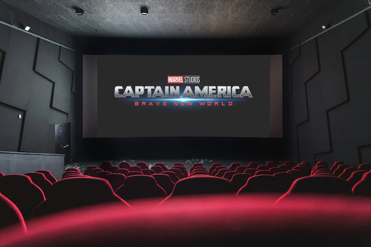 A cinema screen displaying the title card for Captain America: Brave New World, evoking anticipation for the upcoming Marvel film