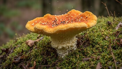 Fototapeta premium Vibrant Clitocybe nuda mushroom on forest floor with soft moss spores floating