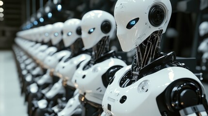 Fototapeta premium Line of Identical Humanoid Robots in a Factory Setting