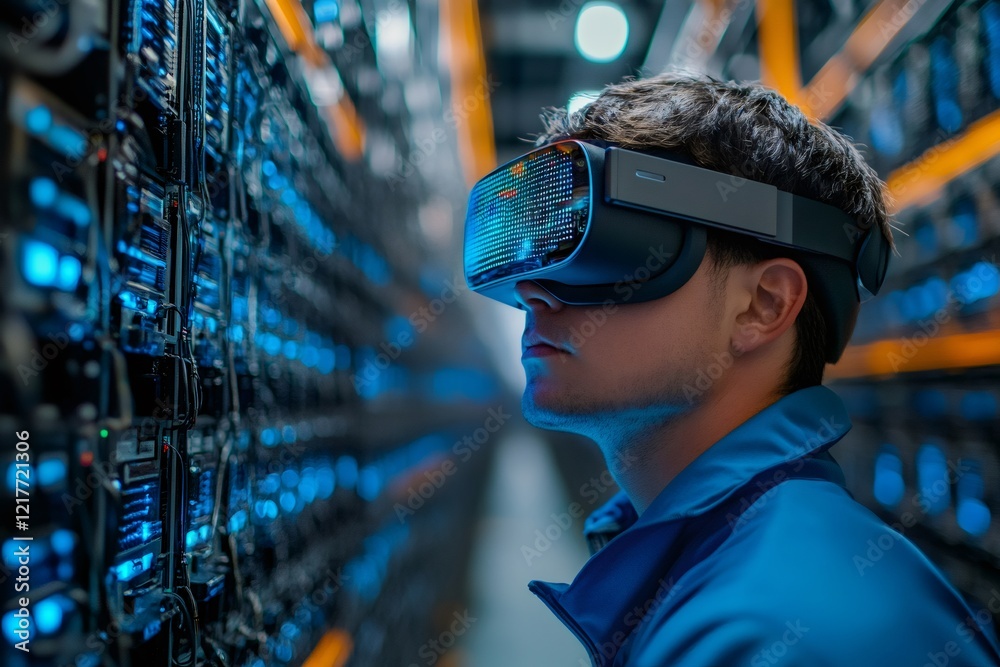 Aufkleber it specialist using virtual reality headset working in server room