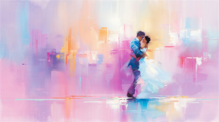 Fototapeta premium This is a beautiful painting that depicts a bride and groom joyfully dancing together in celebration of their love and union, copy space. Joyful and happy holiday atmosphere
