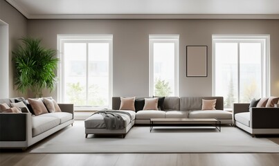 Modern interior background, brown beige living room. Mockup poster frame on the wall of living room with sofa, windows and table. A well-lit room with ample neutral colors and elegant decorations.