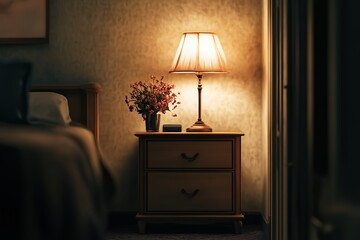 Bedside table with lamp in bedroom interior